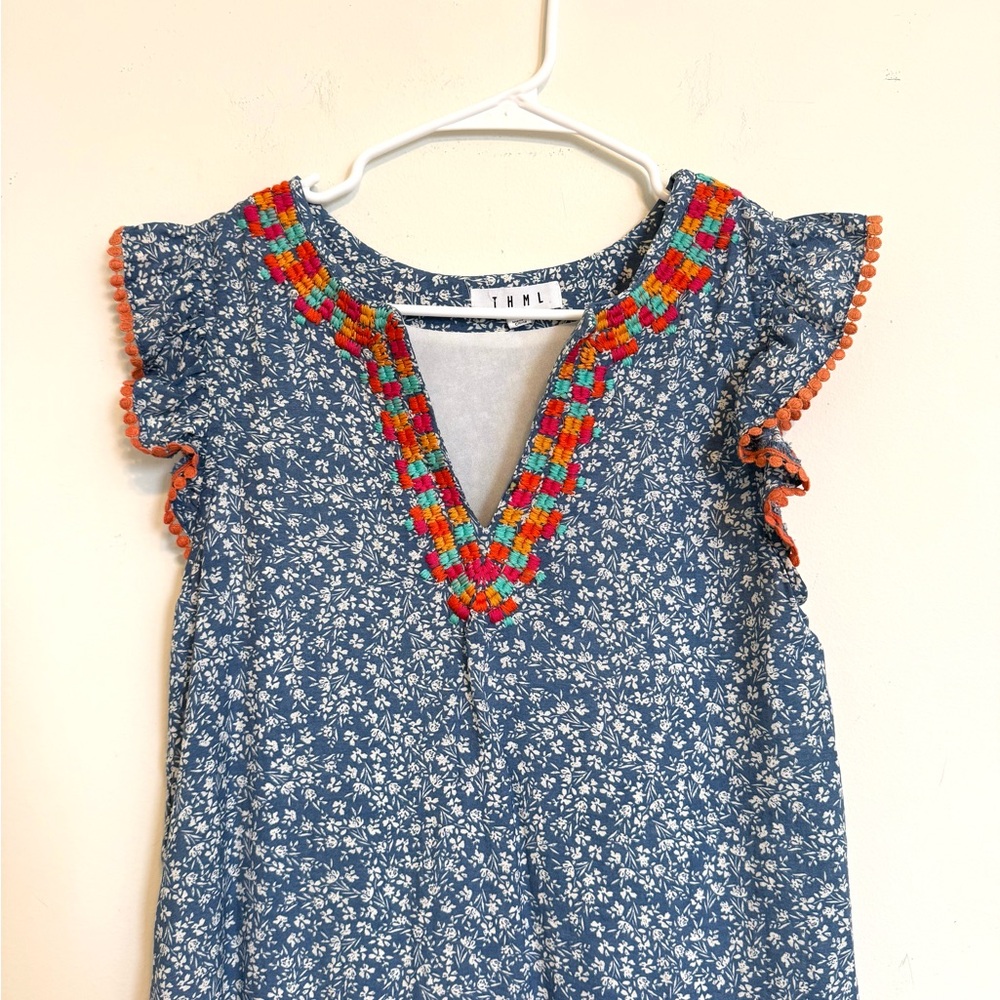 THML Blue Floral Boho Dress Small Embroidered V Neck Flutter Sleeve Ruffle Hem - Picture 3 of 7